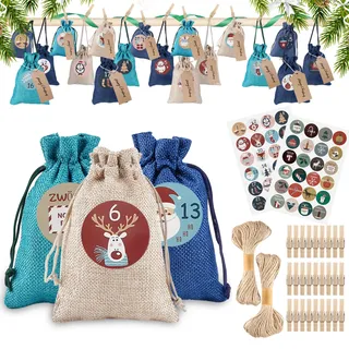 DazSpirit 24 Adventskalender Zum Befüllen,Jutesäckchen Adventskalender 2024 Für Männer Frauen Kinder,Weihnachten Geschenktüten Mit 48 Adventszahlen Aufkleber,DIY Stoffbeutel Weihnachtskalender Tüten