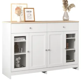 Beaok Sideboard 120/37/80 cm mit 4 Türen, 2 Schubladen & Glaseinsatz im Landhausstil , Weiß , Holzwerkstoff , 120x80x37 cm , Kleinmöbel, Kommoden, Sideboards