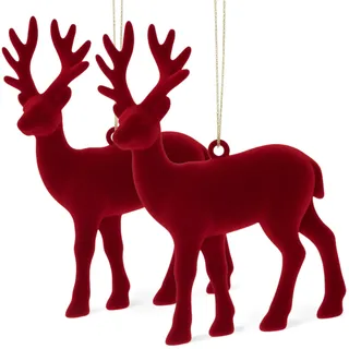 MIJOMA Dekoanhänger 2er Set Hirsch beflockt aus Kunststoff 13x10cm – Weihnachtsdeko Hänger in Trendfarben Samtoptik – Weihnachtsbaum Anhänger modern & stilvoll (Dunkelrot)