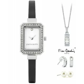 Set Damenuhr Stahl Leder Pierre Cardin Halskette 2 Paare Von Ohrringe Perlen