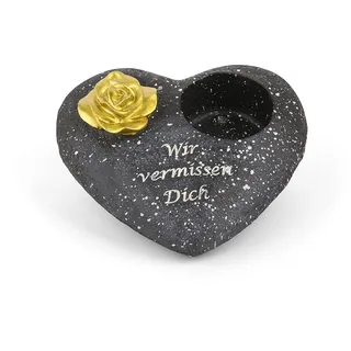 Novaliv Grabschmuck Herz Schwarz mit Rose Spruch Wir vermissen Dich Grabdeko Grabherz Wetterfest Grabdekoration Gedenkstein Teelichthalter Trauerstein