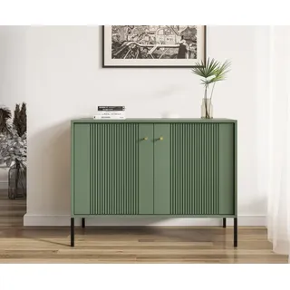 Kommode Iseo I 104,5 x 79 cm Smoke Green mit zwei Türen, auf Füßen, MDF, für Wohnzimmer, Schlafzimmer, Schwarzene Beine. - Grün, Schwarz, Gold