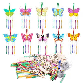 Werownsgso 10tlg Schmetterling Stil Handwerk Set, Schmetterling Holz Handwerk Set, DIY Windspiel Bastelse Set mit 40 Windspiele,Geschenke für Geburtstag Frühling Gekritzel Gartende