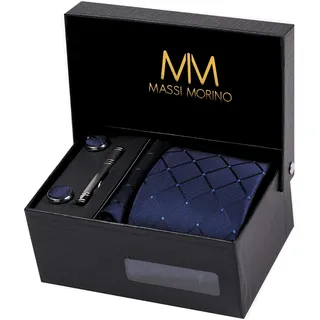 Massi Morino Krawatte "Massi Morino Krawatten-Set" mit Einstecktuch, Manschettenknöpfen und Krawattenklammer, dunkelblau