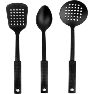 San Ignacio Dots 3-teiliges Küchenhelfer-Set in Schwarz (geschlitzter Pfannenwender, Löffel und Schaumlöffel)
