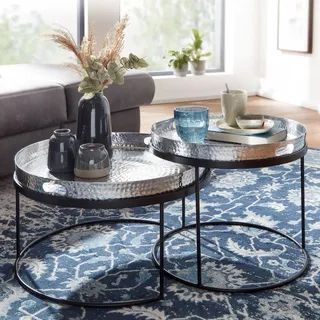 FineBuy Couchtisch 2er Set Metall Silber Hammerschlag Satztisch Rund Sofatisch abnehmbares Tablett Tabletttisch Sofa 2 teilig Runder Beistelltisch - Silber