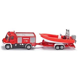 siku 1636, Feuerwehr Unimog mit Boot, 1:87, Metall/Kunststoff, Rot, Feuerwehrauto und schwimmfähiges Boot, Gummireifen, Anhängerkupplung