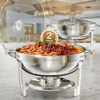 WARMOUNTS Chafing Dish Buffet 5L 2er Set Silber, Rund Speisenwärmer für Catering mit Glasdeckel & Deckelhalter, Hochglanzpoliert Edelstahl, Lebensmittelecht für Feiern, Hochzeit, Events, Camping