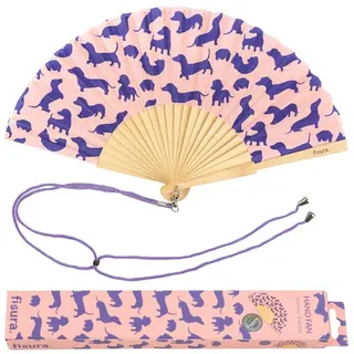 FISURA - Origineller Handfächer mit Hundezeichnung. Moderner und lustiger Fächer. Rosa und lila Faltfächer. Maße: 42,5 X 23. Material: Holz und Textil.