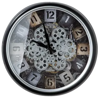 Gilde Casablanca modernes Design Markenname Wanduhr 'Steam' Schwarz/Silber/Champagner mit Beweglichen Zahnrädern, 4X AA Batterien