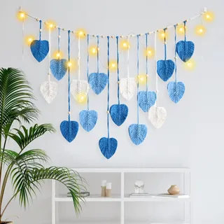 IHONYI Boho Deko - Makramee Wandbehang,Wandteppich Chic Tapisserie Fransengirlande Mit 3M LED Lichterkette,Handgewebt Girlande Boho Wanddeko Für Wohnzimmer/Schlafzimmer/Balkon/kinderzimmer(Blau Blatt)