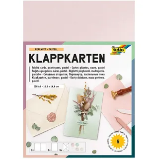 Folia 179591 - Klappkarten PERLMUTT PASTELL, 250g/m2 und 120g/m2, 5 Karten mit Einlegeblättern 10,5 x 14,8 cm und 5 Briefumschlägen 11 x 15,5 cm in 5 Pastellfarben