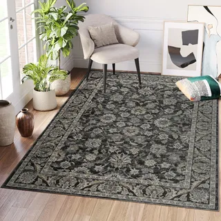 TAPISO Ritz Waschbarer Teppich rutschfest Schwarz Grau Kurzflor Vintage Floral Design Wohnzimmer Schlafzimmer Arbeitszimmer Küche ÖKO-TEX 80 x 150 cm