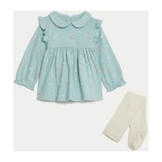 Girls M&S Collection 2pc Cotton Rich Floral Dress with Tights (7lbs-1 Yrs) - Teal Mix, Teal Mix - 3-6 M