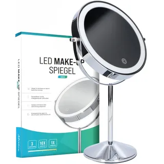 Mirlux Kosmetikspiegel mit 10-facher Vergrößerung und LED-Beleuchtung,Tischspiegel, Dimmbarer Schminkspiegel mit Touch-Schalter,USB Wiederaufladbar, 360° Drehbar Badezimmer und Schminktisch (Chrom)