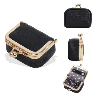 XFSRG Mini Schmuckkästchen aus echtem Leder Schmuckorganizer Klein Tragbar Schmucketui mit Kussverschluss für Ohrringe Ringe Ketten und Armbänder (Schwarz)
