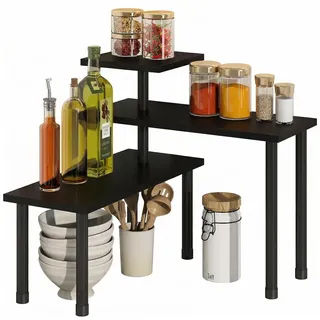 Eckregal Küche Organizer Küchenregal Klein 3Stöckiges Verstellbares Schwarz | Küche Arbeitsplatte Tischregal Verstellbar Gewürzregal Stehend Küchenorganizer Regal für Esszimmer Küchen Badezimmer