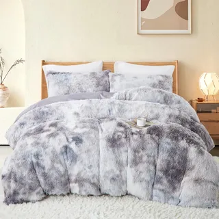 Freyamy Plüsch Bettwäsche 200x200cm Grau Langhaar Kunstfell Flauschig Winterbettwäsche Flanell Samt Biber Warme Deckenbezug Cashmere Touch Bettbezug mit Reißverschluss und 2 Kissenbezug 80x80cm