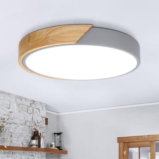 Kimjo LED Deckenleuchte Holz Rund - Grau Deckenlampe Holz 24W Kaltweiß 6000K - Deckenlampe Wohnzimmer Holz 30cm für Schlafzimmer Küche Korridor Verandas