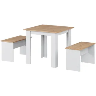 Vicco Esstisch Set Sentio Goldkraft Eiche/Weiß 80 x 80 cm mit 2 Bänken, Model 53278 - Braun, Weiß