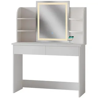 Vicco Schminktisch Charlotte Weiß 106 cm mit LED-Spiegel und QI-Ladestation , Holzwerkstoff , 2 Schubladen , Rechteckig,Rechteckig , 106x142x40 cm , Schlafzimmer, Schminktische