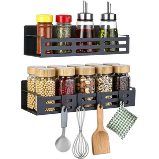 Cozary 2pcs Magnetische Ablage für Kühlschrank mit 4 Haken, Gewürzregal Magnetisch, Keine Bohrlöcher Erforderlich, Platzsparend,Kühlschrankregal, Gewürzregal, für Küche Badezimmer Balkon, Schwarz