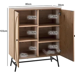 FineBuy Kommode in Eiche Dekor 80 cm Sideboard mit 2 Türen aus Wiener Rattan Geflecht Design Highboard