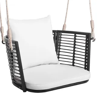 FANTASK Hängesessel Outdoor, Hängeschaukel Rattan mit Kissens & Metallrahmen & Hängeseilen, Hängesitz bis 180kg belastbar, Hängestuhl, Schaukelsessel für Veranda Garten Hinterhof (Weiß)