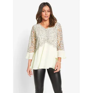 Tunika BONPRIX, Damen, Gr. 44, weiß (wollweiß, rauchgrau), Web, Obermaterial: 100% Polyester. Spitze: 60% Baumwolle, 30% Polyamid, 10% Polyester, mehrfarbig, A-Linie Po-bedeckend, V-Ausschnitt, Trompetenärmel Volant, Tuniken Tunika, für festliche Anlässe, modischer Spitzenbesatz, 3/4 Ärmel, bequem