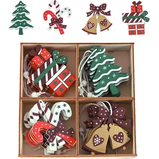 Valery Madelyn 24 Stück 6cm Weihnachtsbaumschmuck, hängende Weihnachtsdeko aus Holz, Baum Geschenke Stöcke und Glockenbehänge Weihnachtsanhänger Rot Grün Weiß Thema