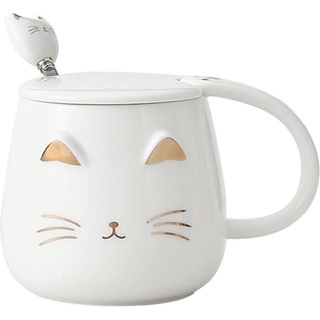 lachineuse - Kawaii Katzen-Tasse 450ml - Keramikbecher Katze mit Deckel & Löffel - Weiß & Gold - Teetass, Kaffeetasse - Originaler Japanischer Becher - Geschenkset Japan Asien Süßes Kätzchen