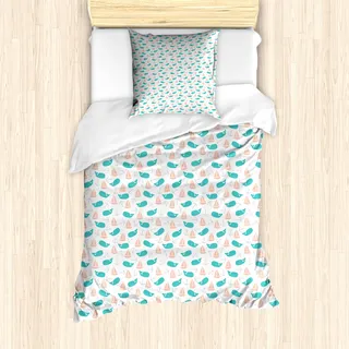 ABAKUHAUS Nautisch Bettbezug Set für Einzelbetten, Boote Anker und Wale, Milbensicher Allergiker geeignet mit Kissenbezug, 135 cm x 200 cm - 80 x 80 cm, Turquoise Peach - Türkis