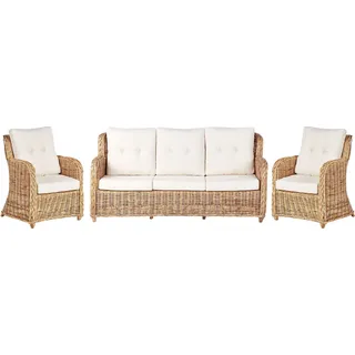 BELIANI Lounge Set Naturfarben Rattan 3-Teilig Geflochten Sofa u. 2 Sessel mit Kissen Cremeweiß Boho Design Outdoor Indoor Garten Terrasse Rattanmöbel - Beige, Weiß