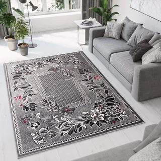 TAPISO Dream Teppich Wohnzimmer Kurzflor Grau Rot Creme Schwarz Floral Blumen Blätter Karo Bordüre Schlafzimmer Küche ÖKOTEX 180 x 250 cm