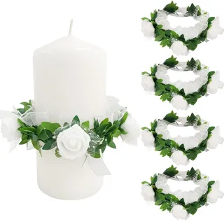 Tropfschutz Kommunionkerze 4 Stück, Tropfenfänger Kommunionkerze Mit Weiß Blumen, 5-8 Cm Durchmesser Einstellbar Kerze Kommunion Dekoration, Tropfschutz Kerze Für Taufkerzen Hochzeiten (Blume)