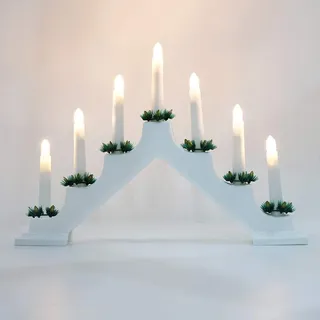 Lewondr Kerzenleuchter Weihnachten, Dekorativ LED Bogen Weihnachten Holz Weihnachtslichter Fensterbank mit 7 Kerzenlichtern Flammenlos Kerzenbrücke Schwibbogen für Advent Innen, USB-Betrieben, Weiß