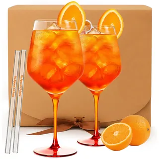 Aperol Gläser Set Personalisiert - 2 Gläser mit Orangefarben Fuß, 2 Glasstrohhalme It's Aperol O'Clock & 2 Deko Untersetzer - Aperol Spritz Geschenkset | Party Deko & Cocktail Zubehör Geschenkfertig