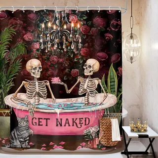 Mitpok Duschvorhang, Gothic-Totenkopf-Skelett, Vintage, romantisch, lustig, gruselig, Schwarze Rose, Retro-Blume, Pflanze, einzigartige Badezimmer-Dekoration, 60 x 72 cm, Badevorhang, Polyester, 12