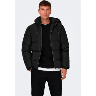 Steppjacke ONLY & SONS "ONSMARLON LIFE HOOD PUFFER JACKET OTW VD", Herren, Gr. L, schwarz, Web, Obermaterial: 100% Polyester. Futter: 100% Polyester. Wattierung: 100% Polyester, unifarben, normal, Bündchen, Jacken Steppjacke