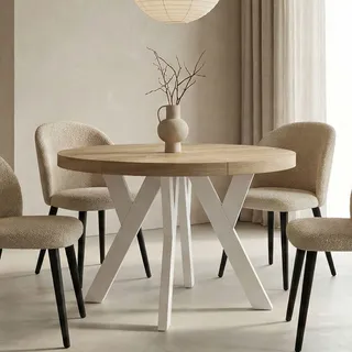 Runder Ausziehbarer Tisch für Esszimmer, PERO, Loft-Stil, Skandinavische, Durchmesser: 120 / 220 cm, Farbe: Eiche Sonoma / Weiß - Beige