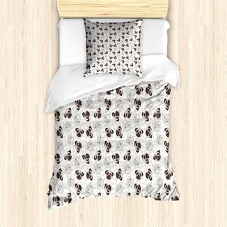 ABAKUHAUS Hund Bettbezug Set, Pug Porträts Spuren Paw Print Hintergrund Canine Pet Illustration Säugetier Animal, 135 x 200 cm + 80 x 80 cm, Beige Brown Tan - Beige, Braun