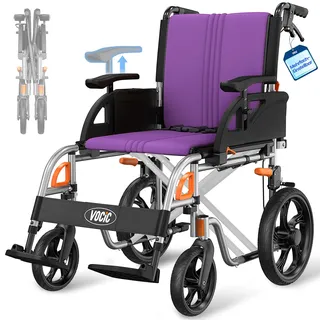VOCIC U12 Rollstuhl Faltbar Leicht Ergonomisch Verstellbar | Klappbar bis 136KG für die Wohnung,Doppelte Bremsen,3D Komfortkissen,30CM Großreifen,Aluminium Schmaler|Lila