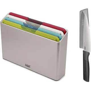 Joseph Joseph Folio Icon 4-teiliges schneidebrett kunststoff Set mit Aufbewahrungskoffer und KOSTENLOSEM japanischem Elevate-Messer aus Edelstahl, Silber