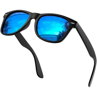 KANASTAL Polarisiert Sonnenbrille Herren und Damen Retro Klassische Rectangular Sonnenbrille UV400 Schutz für Fahren Wandern Golf Angeln, Schwarz Rahmen Verspiegelt Blau Gläser
