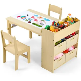 Clevich Kindertisch mit 2 Stühlen Kindertisch mit Stauraum Kinder Tisch Stuhl Set Holz Maltisch Schreibtisch mit Papierrolle und 4 Aufbewahrungskiste Kindersitzgruppe für Kinderzimmer Gelb