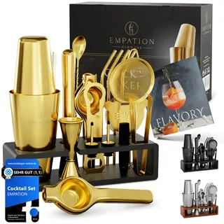 EMPATION Cocktail Set Gold [TESTSIEGER] 825ml Boston Cocktail Shaker aus Edelstahl, leicht zu öffnen & kein Verklemmen, Profi Shaker Set mit Rezeptbuch, Mix Set für Barkeeper