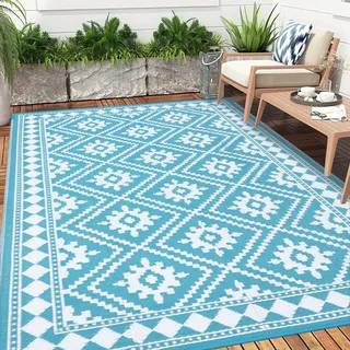 Enyhom Groß Außenteppich 180 x 270 cm, Robuster Flachgewebe Kunststoff Picknickdecke, Wendbarer UV-beständige Campingmatte, Wasserdicht Farbecht Balkonteppich für Outdoor RV Camping, Türkis
