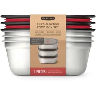 BLACK + BLUM Multifunktions Lunchbox Edelstahl Set 3 x 600ml, 100% auslaufsichere Meal Prep Boxen mit Vakuumverschluss, Backofen-, Gefrier-& Mikrowellenfest, BPA freie Brotdose für Erwachsene & Büro