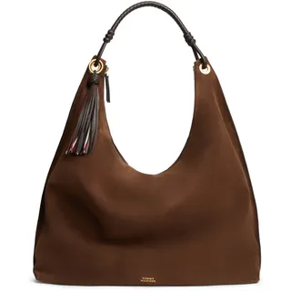 Hobo TOMMY HILFIGER "TH STATEMENT LEATHER HOBO SUEDE", Damen, Gr. B/H/T: 0cm x 0cm x 0cm, braun, Veloursleder, Taschen Hobo, Damen Shopper, Schultertasche, Handtasche, goldfarbenes Logo