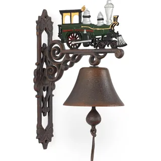 Nostalgische Wandglocke Gusseisen mit Deko-Lokomotive - Klingel für Garten Haus Tür Wand - Türglocke wetterfest rustikal bunt - 24,5 x 14 x 33 cm - Antik-Look - Bunt